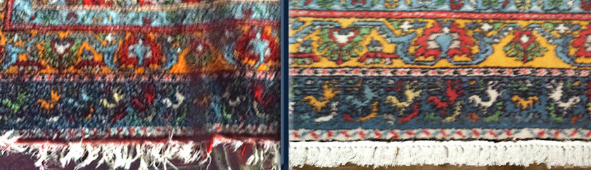 Fringe on handmade Moroccan Rug: Before-After Detail.