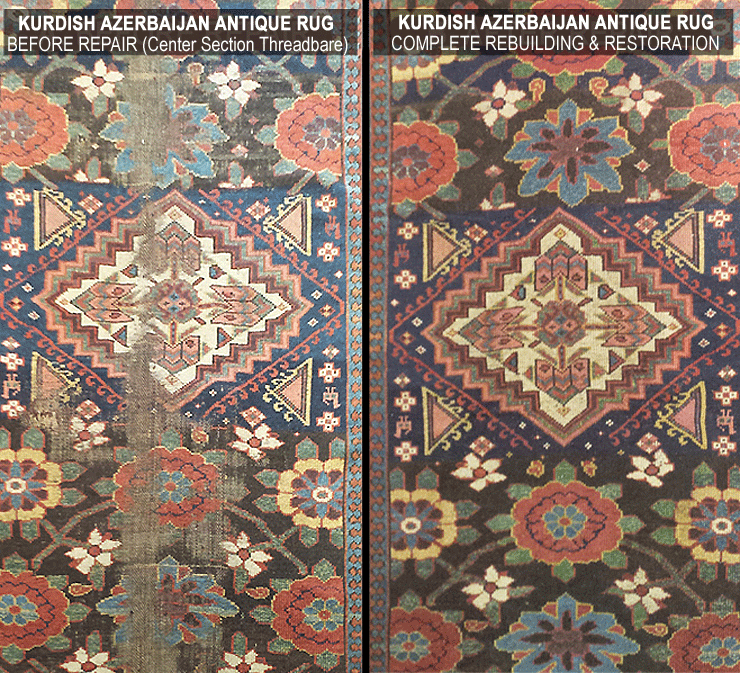 Image shows damaged antique Kurdish Azerbaijan rug both before repair and after Nejad expert restoration. Link below to image detail page.