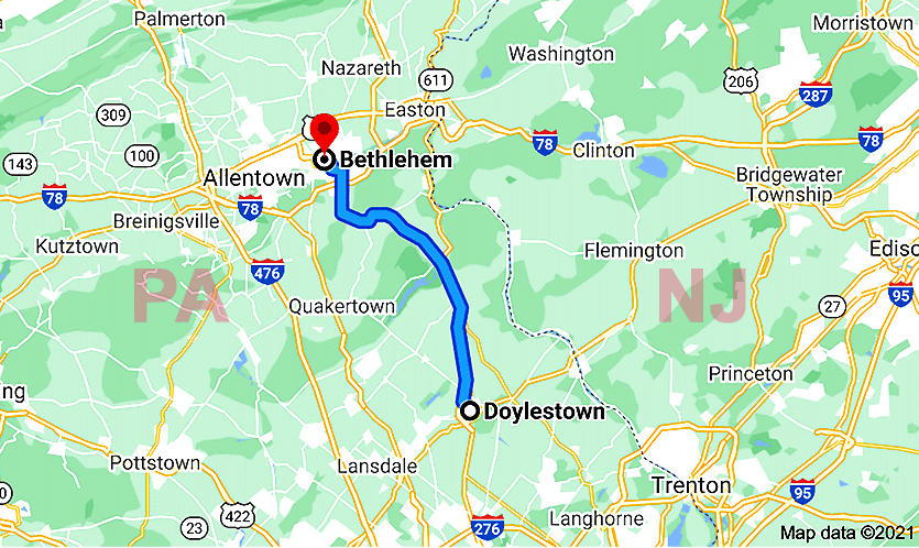 Map of Bethlehem to Doylestown
