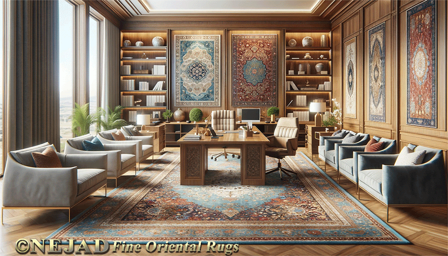 Home offic interior featuring Nejad Tabriz rug