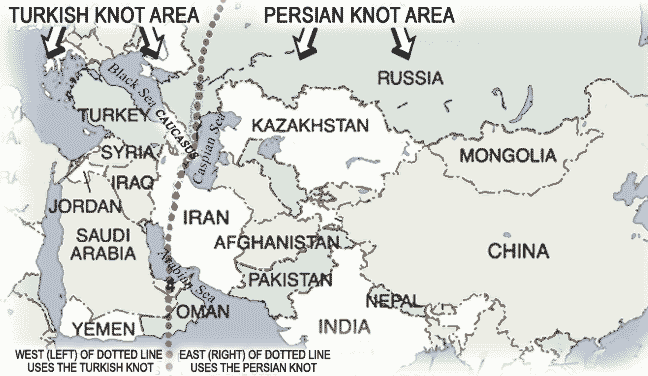 Map depicting where Turkish or Persian Knots are used.