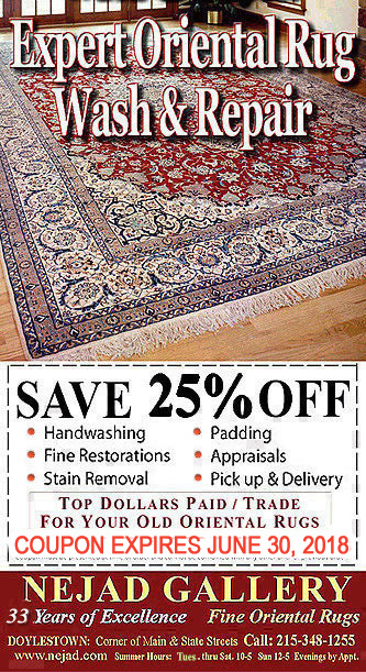  * * * * Nejad Oriental Rugs Coupon Offer * * * * 
25% OFF Rug Handwashing, Restoration, Appraisals
Top-Dollar Paid on Old & Antique Oriental Rugs
  * * * Offer Expires June 30, 2018 * * *