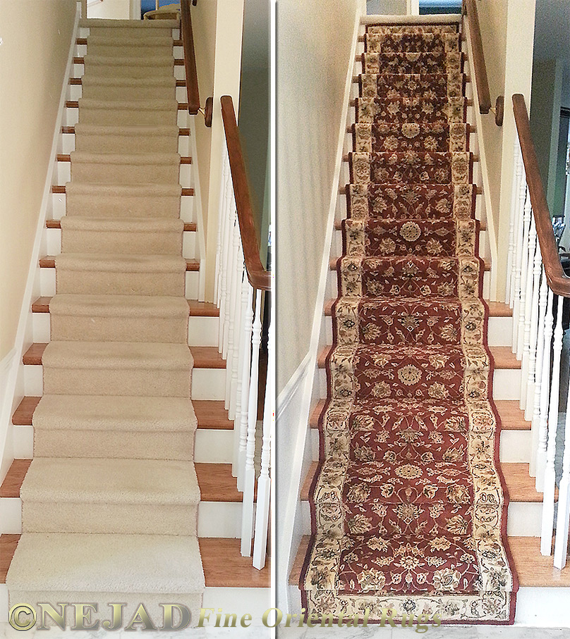 Nejad Rugs staircase runner installation in Doylestown, Bucks County PA - Before and after